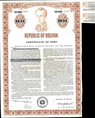 Republic Of Bolivia,  Certificate Of Debt,  For $98.  74,  2 Coupons