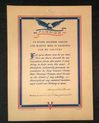 1942 Wwii United States War Bond Saving Stamp Pledge Signed Us Printing Office