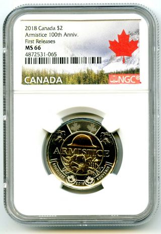 2018 Canada $2 Toonie Ngc Ms66 Poppy Armistice 100th Anniversary Two Dollar Fr