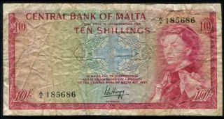 Malta Queen Elizabeth Ii 10/ - Shillings Bank Note 1967