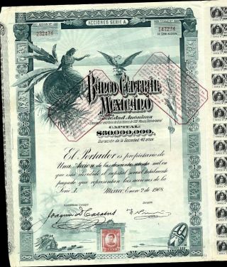 Banco Central Mexicano Bond,  1908,  With Rev.  Stamp,  30 Coupons (blueberry)