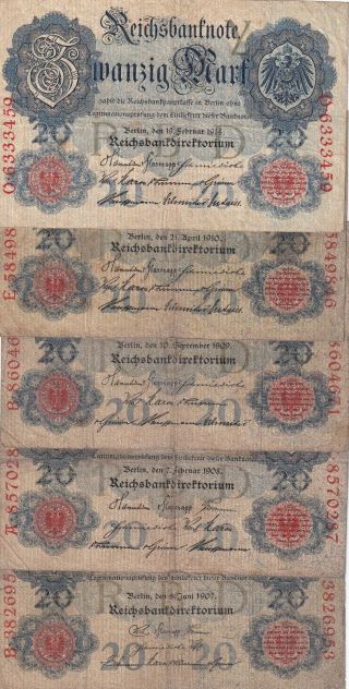 Set,  Germany 20 Mark 1907 1908 1909 1910 And 1914 (b450)