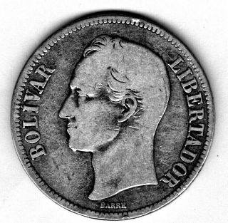 Silver Coin 1926 Venezuela Fuerte Libertador 5 Bolivares F Y 24.  2