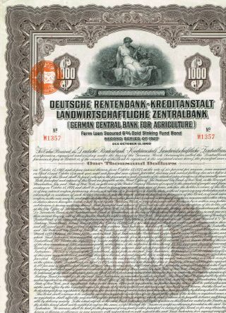 German Central Bank For Agriculture,  1927,  $1000 Gold Bond,  Cancelled/coupons,  V