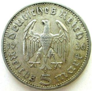 Germany Coins,  5 Reichsmark 1936,  Hindenburg,  Third Reich,  Silver 0.  900