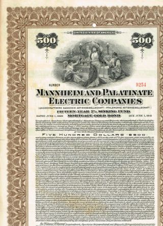 Mannheim Palatinate Electric Companies,  1926,  $500 Gold Bond,  Cancelled/ Coupons
