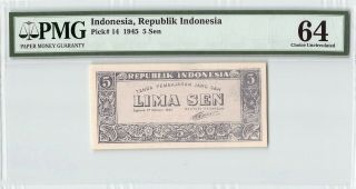 Indonesia 1945 P - 14 Pmg Choice Unc 64 5 Sen
