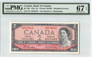 Canada 1954 Bc - 38b Pmg Gem Unc 67 Epq 2 Dollars (beattie - Rasminsky)