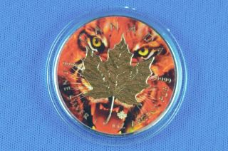 2017 - 1 Oz Silver - Maple Leaf - Tiger Eyes Colored & With Gold