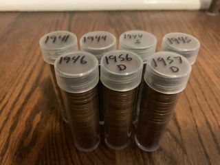 1941 - 1957d Wheat Penny Rolls.  No Dups,  7 Rolls 350 Coins 2