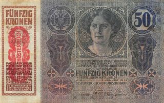 Austria Hungary Empire 50 Korona 1.  2.  1914 Wwi Issue Circulated Banknote Lbw