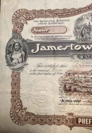 Very rare 1907 Jamestown Exposition World ' s Fair stock certificate Virginia 2