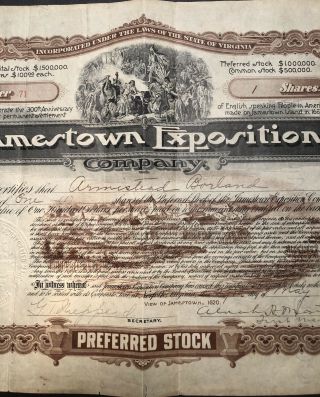 Very rare 1907 Jamestown Exposition World ' s Fair stock certificate Virginia 3