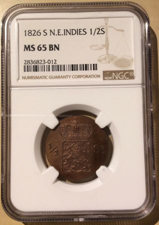 1826 S NETHERLAND EAST INDIES 1/2 Stuiver NGC MS 65 BN - - Top Pop Indonesia 3