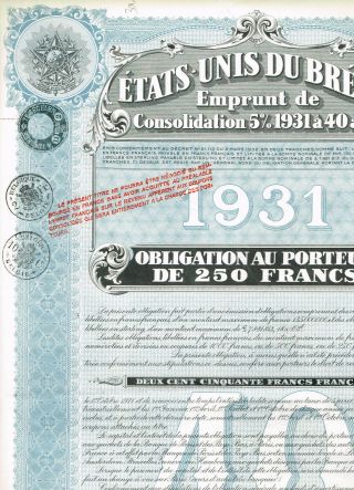 Brazil State Bond,  1931,  250 Ff,  Uncancelled/ Coupons,  Vf