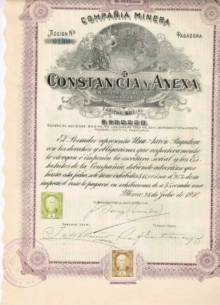 Compania Minera De Constancia Y Anexa,  Mexico 1910,  Tax - Stamps,  Vf