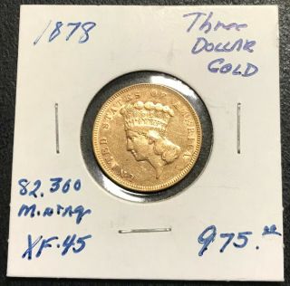 1878 - P U.  S.  $3 Three Dollar Gold Princess Coin Extra Fine,  Nr