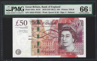 2010 Great Britain 50 Pounds Bank Of England,  Pmg 66 Epq Gem Unc,  B410 Salmon