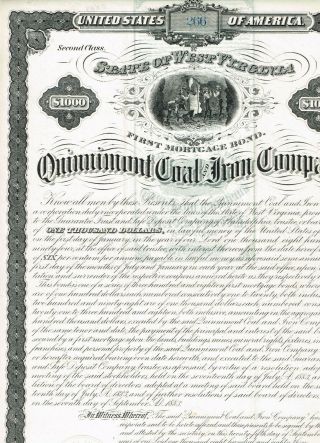 Quinnimont Coal And Iron Co. ,  1883,  West Virginia,  $1000 Bond,  Vf,