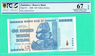 Zimbabwe 2008 100 Trillion Dollars Prefix Aa P 91 Pcgs 67 Gem Unc Opq (2)