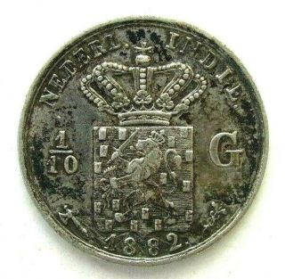 Netherlands East Indies Coins,  1/10 Gulden 1882,  Willem Iii,  Silver 0.  720