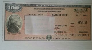 Us Patriot Savings Bond Jefferson $100 Series Ee United States 2008 Crisp