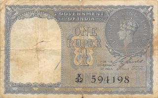 India 1 Rupees 1940 P 25a Series X/32 Kg.  G.  Vi Circulated Banknote