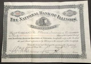 National Bank Of Illinois Stock Certificate,  1890,  Uncanceled