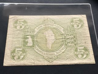 GREENLAND ND (1953 - 67) 5 KRONER banknote,  polar bear,  F - VG SCARCE KM18a 5