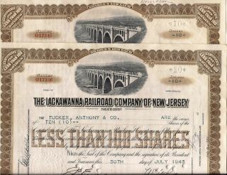 Stock Certificate Lackawanna Railroad Comp Of Jersey 2 Numbers In Sequence