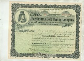 1898 Pocahontas Gold Mining Company Washington Stock Certificate