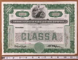 Associated Gas And Electric Company Class A Stock Certificate 31 Shares 1930 Ny