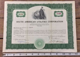 South American Utilities Corporation Stock Certificate Preferred Green 1937 De