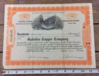 Antique 1926 Gadsden Copper Company Stock Certificate 100 Shares Mining Delware