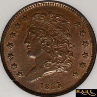 1835 Ms63bn Ngc 1/2c Classic Head Half Cent,  Brown Color