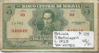 Bolivia Bundle 100 Notes 5 Bolivianos L.  1928 P 129 Vg/f