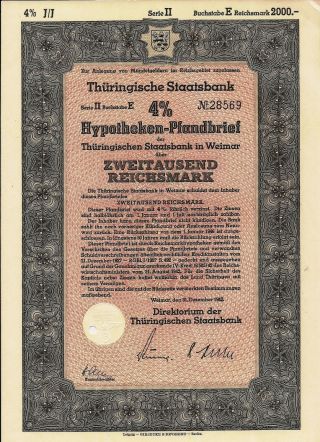 German Bond.  Thuringian State Bank 4 Mortgage Bond,  Weimar 12/31/1942