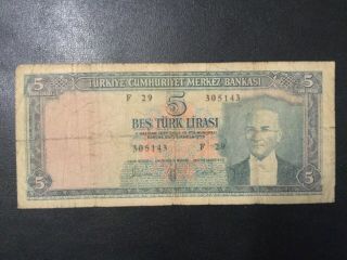 1930 Turkey Paper Money - 5 Lirasi Banknote