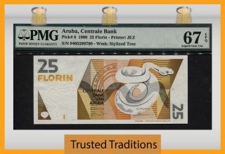 Tt Pk 8 1990 Aruba Centrale Bank 25 Florin Rattlesnake Pmg 67 Epq Gem Unc