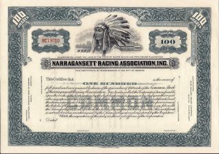 Stock Certificate Narragansett Racing Association,  Inc Indian Chief Rhode Island