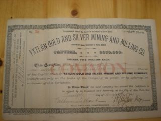 Yxtlan Gold And Silver Mining And Milling Co,  1887,  Uncancelled Stock Certificate