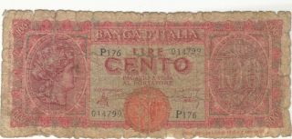 1944 100 Lire Italy Italian Currency Banknote Note Money Bank Bill Cash Wwii Ww2