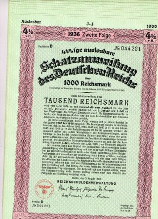 Set 12 Deutsches Reich,  Berlin 1936,  Treasury Loan 1000 Rm,  Cancelled,  Vf