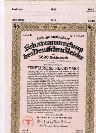 Set 7 Deutsches Reich,  Berlin 1937,  Treasury Loan 5000 Rm,  Cancelled,  Vf