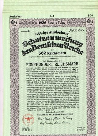 Set 8 Deutsches Reich,  Berlin 1936,  Treasury Loan 500 Rm,  Cancelled,  Vf
