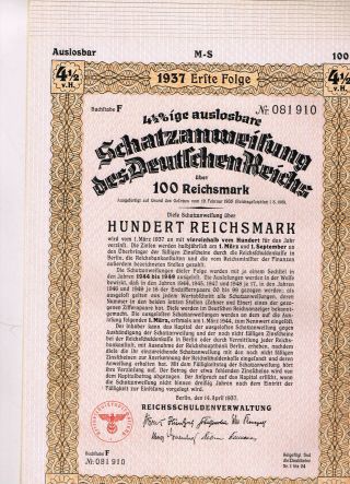 Set 12 Deutsches Reich,  Berlin 1937,  Treasury Loan 100 Rm,  Cancelled,  Vf