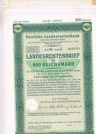 Set 5 Dt.  Landesrentenbank,  Berlin 1940s,  500 Rm,  Insignias Of Iii Reich In Seal