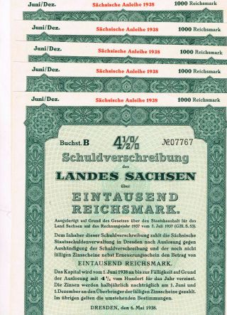 Set 5 Land Sachsen,  Dresden 1938,  1000 Rm,  Insignias Of Iii Reich In Seal,  Cance