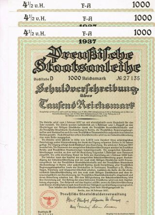 Set 4 Prussian State Loan,  Berlin 1937,  1000 Reichsmark,  Vf