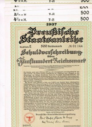 Set 5 Prussian State Loan,  Berlin 1937,  500 Reichsmark,  Vf,